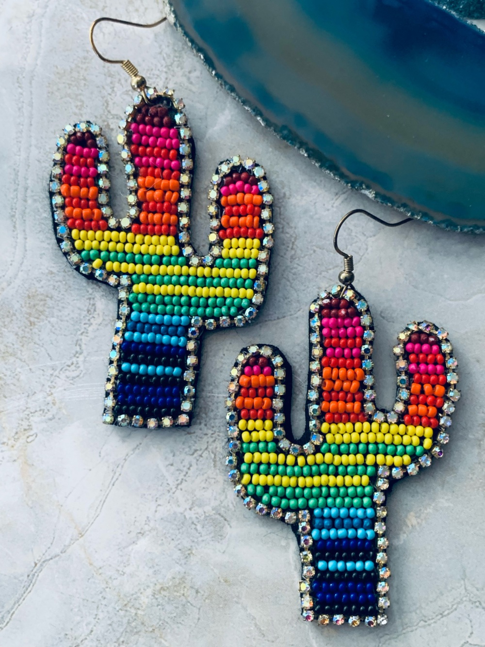 Rainbow Beaded Saguaro Cactus Earrings